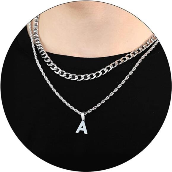 Jewelry - Layered Initial A-Z Letter Necklace for Men Stainless Steel Figaro Twist
